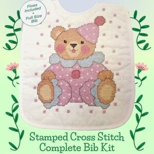 $10 Add-On 🆕Neat & Nifty Clown Bear Cross Stitch Bib Kit - Pink and White